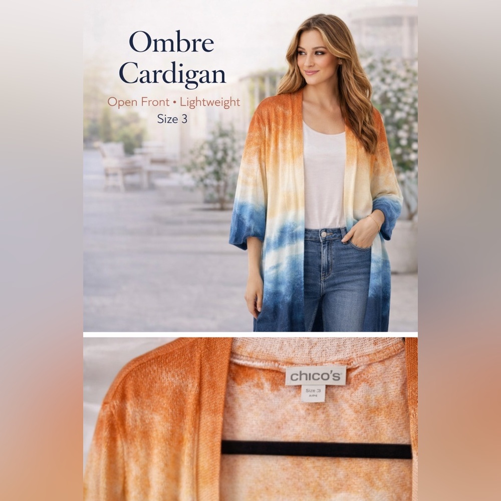 Chico’s Ombre Cardigan XL Orange Blue Lightweight Open Front Duster